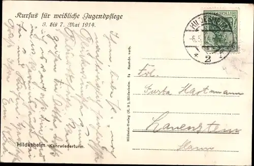 Ak Hildesheim in Niedersachsen, Kehrwiederturm, Kursus für weibl. Jugendpflege 1914