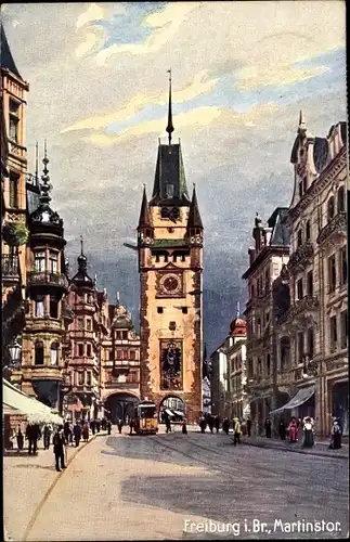 Künstler Ak Freiburg im Breisgau, Martinstor, Straßenbahn