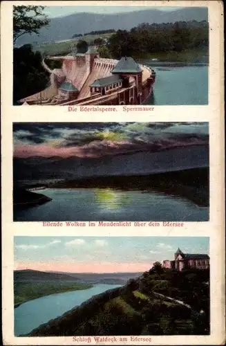 Ak Waldeck am Edersee Hessen, Edertalsperre, Sperrmauer, Eliende Wolken im Mondenlicht, Schloss