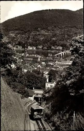 Ak Heidelberg am Neckar, Bergbahn, Blick auf die Stadt, den Neckar und Heiligenberg