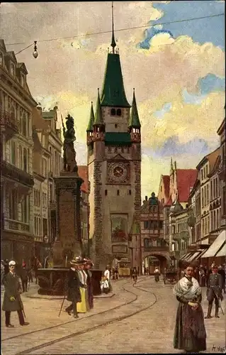 Künstler Ak Hoffmann, H., Freiburg im Breisgau, Kaiserstraße mit Martinstor