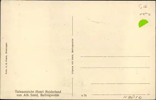 Ak Bellingwolde Groningen, Tuinaanzicht Hotel Reiderland, van Alb. Smid