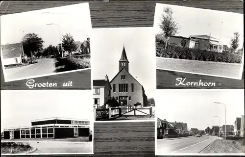 Ak Kornhorn Groningen Niederlande, Kirche, Schule, Straßenpartie