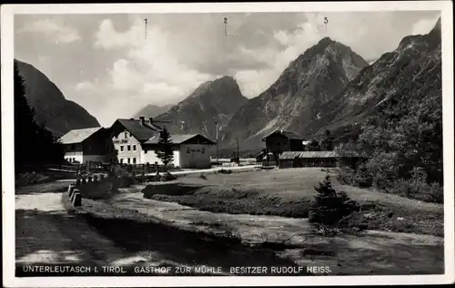 Ak Unterleutasch Leutasch in Tirol, Gasthof zur Mühle, Hohe Munde, Gehrenspitze, Oefelekopf