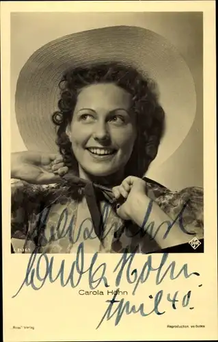 Ak Schauspielerin Carola Höhn, Portrait, Autogramm, Hut