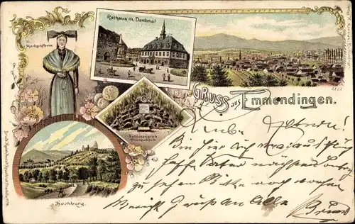 Litho Emmendingen im Breisgau Baden, Rathaus, Denkmal, Markgräflerin, Hochburg, Soldatengrab