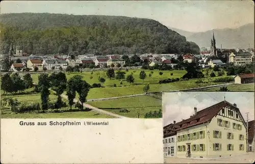 Ak Schopfheim in Baden, Blick auf den Ort im Wiesental, Gasthaus zum Rössle