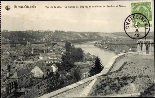 Ak Namur Wallonien, Citadelle, Vue de la ville, La hampe du drapeau et confluent de Sambre et Meuse