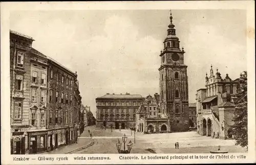 Ak Kraków Krakau Polen, Le boulevard principal et la tour de l Hotel de ville