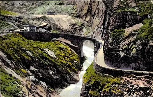 Ak Göschenen Kanton Uri, Schöllenen, Teufelsbrücke, Gotthardstraße