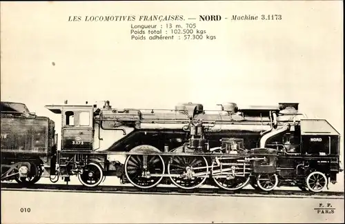 Ak Les Locomotives Francaises, Französische Eisenbahn, Nord, Dampflok, Tender 3.1173