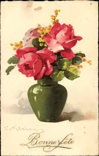 Künstler Litho Klein, Catharina, Rote Rosen, Mimose, Grüne Blumenvase
