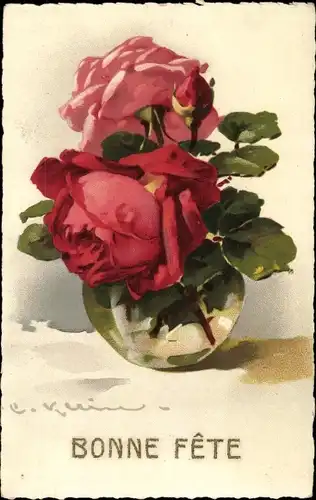 Künstler Ak Klein, Catharina, Rosen in einer Glasvase