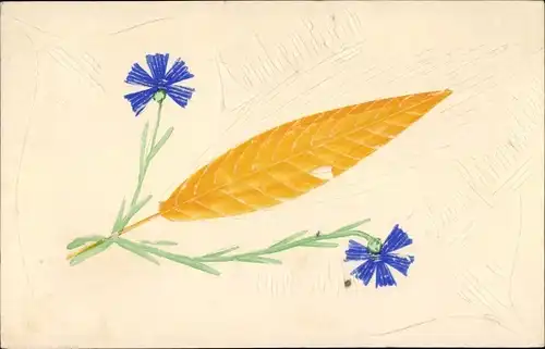 Handgemalt Ak Andenken, blaue Blüten und gelbes Blatt, Ritzungen
