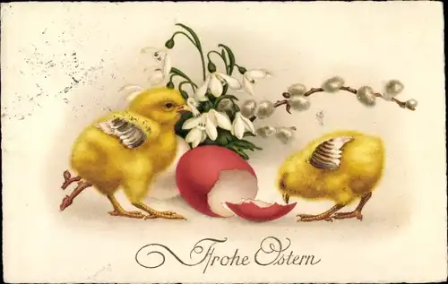 Ak Glückwunsch Ostern, Küken, Osterei, Weidenkätzchen