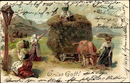 Präge Litho Grüß Gott, betende Frau, Bauern, Rinderkarren