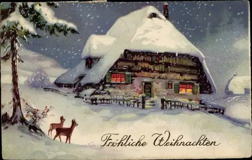 Ak Glückwunsch Weihnachten, Winterlandschaft mit Haus und Rehen