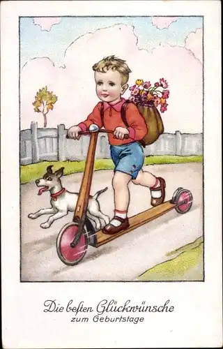 Künstler Ak Glückwunsch Geburtstag, Junge auf Roller, Blumen, Hund