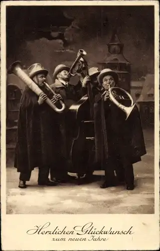 Ak Glückwunsch Neujahr, Männer mit Musikinstrumenten