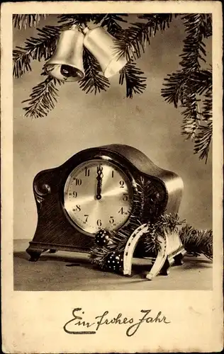 Ak Glückwunsch Neujahr, Uhr, Hufeisen, Glocken