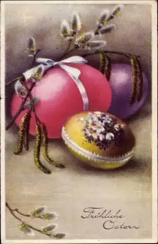 Ak Glückwunsch Ostern, Ostereier, Weidenkätzchen