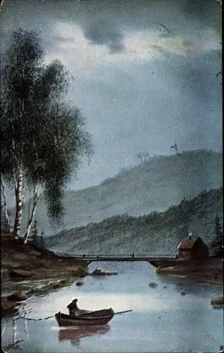 Künstler Ak Landschaft, Fischerboot auf einem Fluss, Brücke