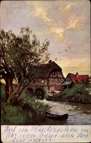 Künstler Ak Landschaft mit Fluss und Häusern, Ruderboot am Ufer