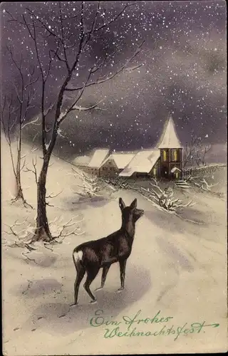 Ak Glückwunsch Weihnachten, Winterlandschaft mit Ortschaft und Reh