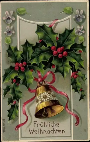 Präge Litho Glückwunsch Weihnachten, Glocke, Stechpalmenzweige