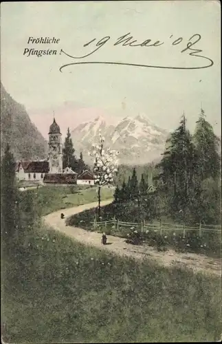 Ak Glückwunsch Pfingsten, Landschaft mit Ort und Bergen