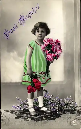 Ak Glückwunsch Neujahr, Mädchen mit Blumen