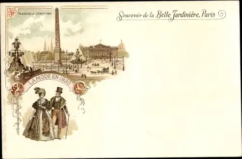 Litho Paris VIII., Place de la Concorde, Reklame, Belle Jardiniere, La Mode en 1830
