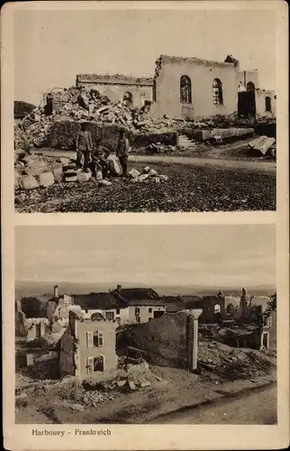 Ak Harbouey Meurthe et Moselle, Kriegszerstörungen, I. WK, Deutsche Soldaten