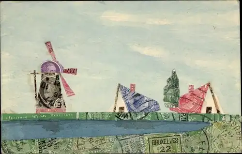Briefmarken Ak Belgien, Landschaft aus Briefmarken, Windmühle