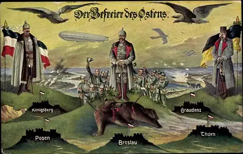 Ak Befreier des Ostens, Generalfeldmarschall Paul von Hindenburg, Kaiser Wilhelm II., Franz Josef I.