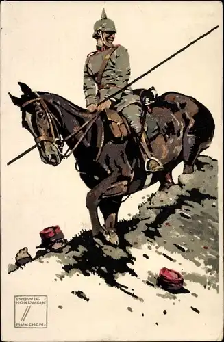 Künstler Ak Hohlwein, Ludwig, Deutscher Soldat in Uniform auf einem Pferd, Franzose versteckt sich