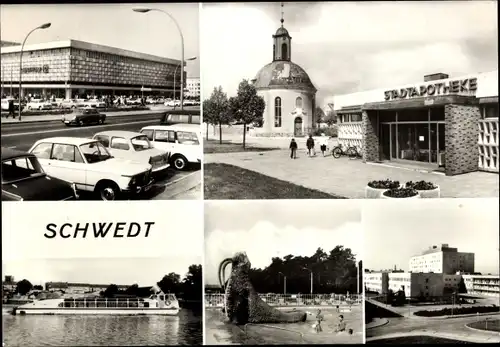 Ak Schwedt an der Oder, Stadtapotheke, Plansche, Schiff, centrum Warenhaus