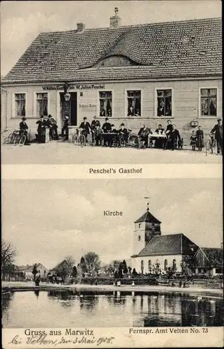Ak Marwitz Velten in der Mark, Kirche, Peschel's Gasthof