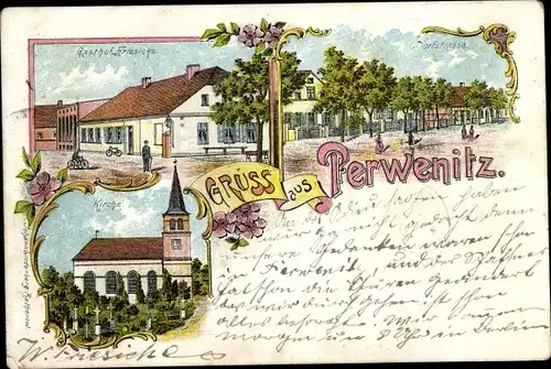 Litho Perwenitz Schönwalde Glien Havelland, Gasthof Friesicke, Kirche, Dorfstraße