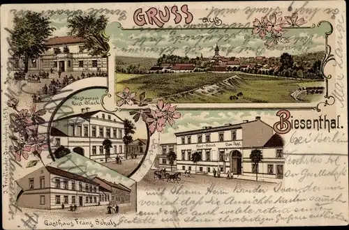 Litho Biesenthal in der Mark, Kurhaus, Restaurant G. Block, Gasthaus Franz Schulz, Totalansicht