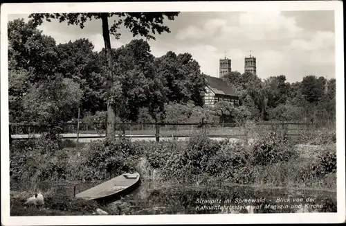 Ak Straupitz im Spreewald, Blick zum Magazinund Kirche