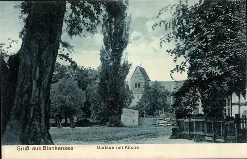 Ak Blankensee Trebbin im Kreis Teltow Fläming, Dorfaue mit Kirche