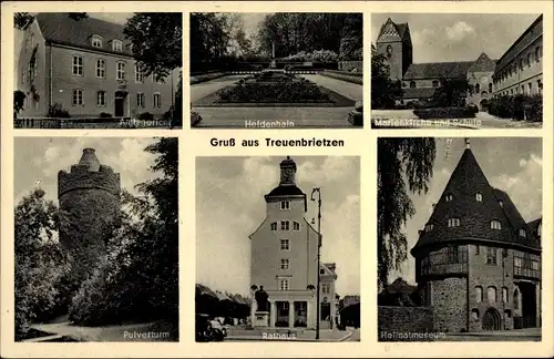 Ak Treuenbrietzen, Amtsgericht, Heldenhain, Marienkirche, Schule, Rathaus, Pulverturm, Heimatmuseum