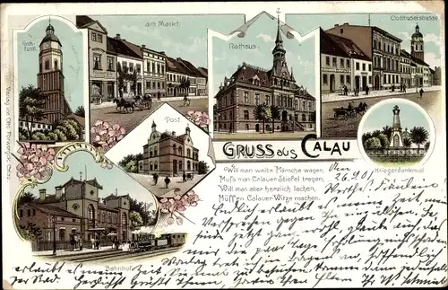 Litho Calau in der Niederlausitz, Bahnhof, Gleisseite, Kirche, Post, Rathaus, Kriegerdenkmal