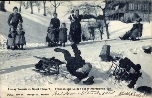 Ak Freuden und Leiden des Wintersportes, Schlittenfahrt, Unfall