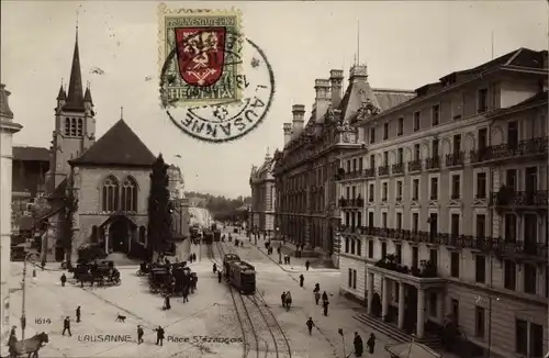 Ak Lausanne Kt. Waadt Schweiz, Place St. Francois, Kirche, Straßenbahn, Kutschen