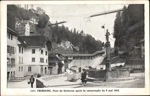 Ak Fribourg Freiburg Stadt Schweiz, Pont du Gotteron apres la catastrophe 1919, Eingestürzte Brücke