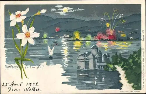 Litho Montreux Kt. Waadt Schweiz, Fete de Nuit, Panorama vom Ort, Feuerwerk, Blumen