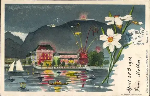 Litho Montreux Kanton Waadt Schweiz, Stadtansicht, Blumen, Feuerwerk