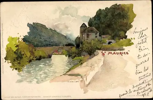 Künstler Litho Voellmy, F., St. Maurice Kt. Wallis, Uferpartie mit Blick auf die Brücke